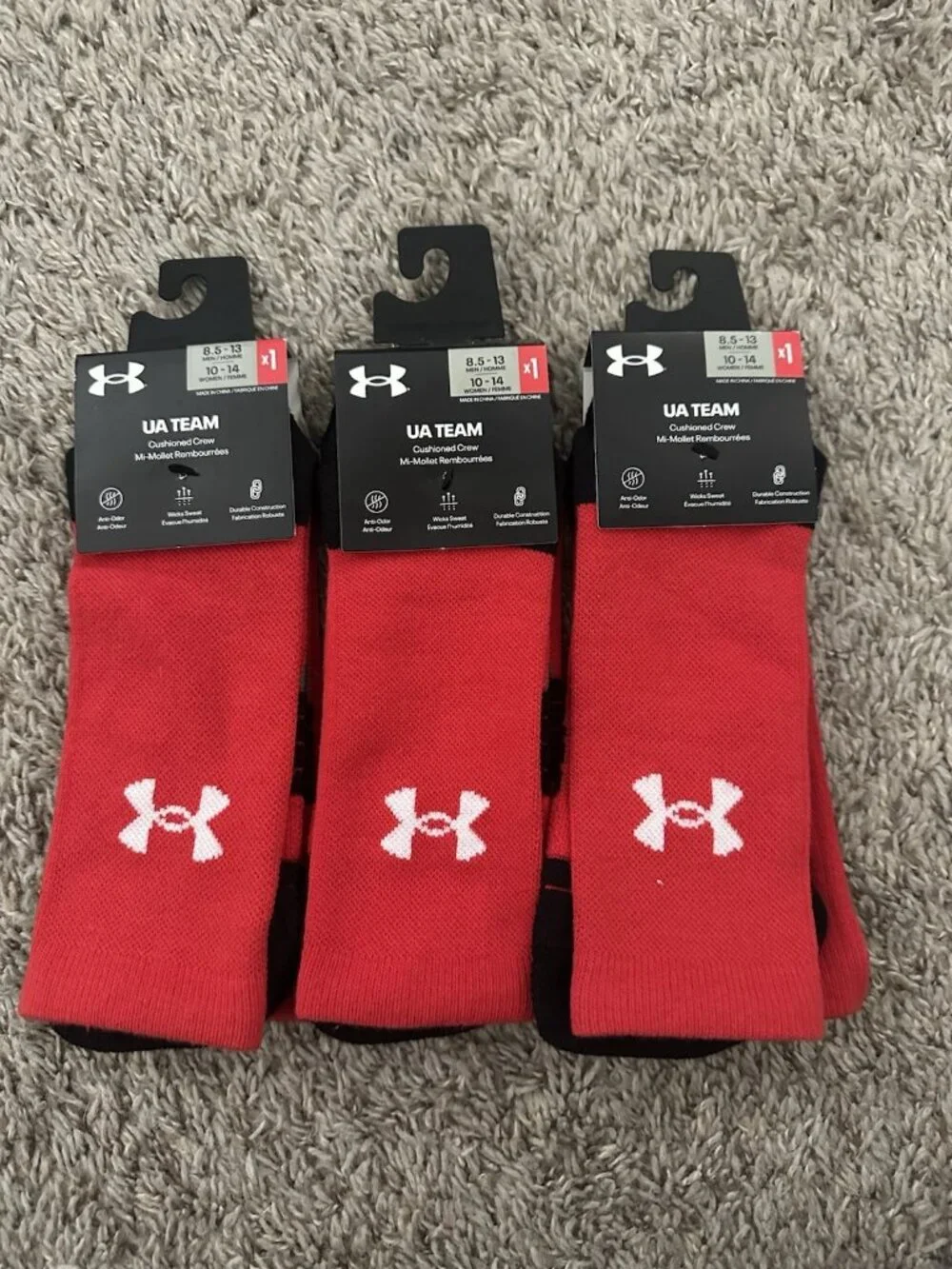 Under Armour UA Team Crew Socks Bright Red Men's 8.5-13, Women's 10-14 Set of 3